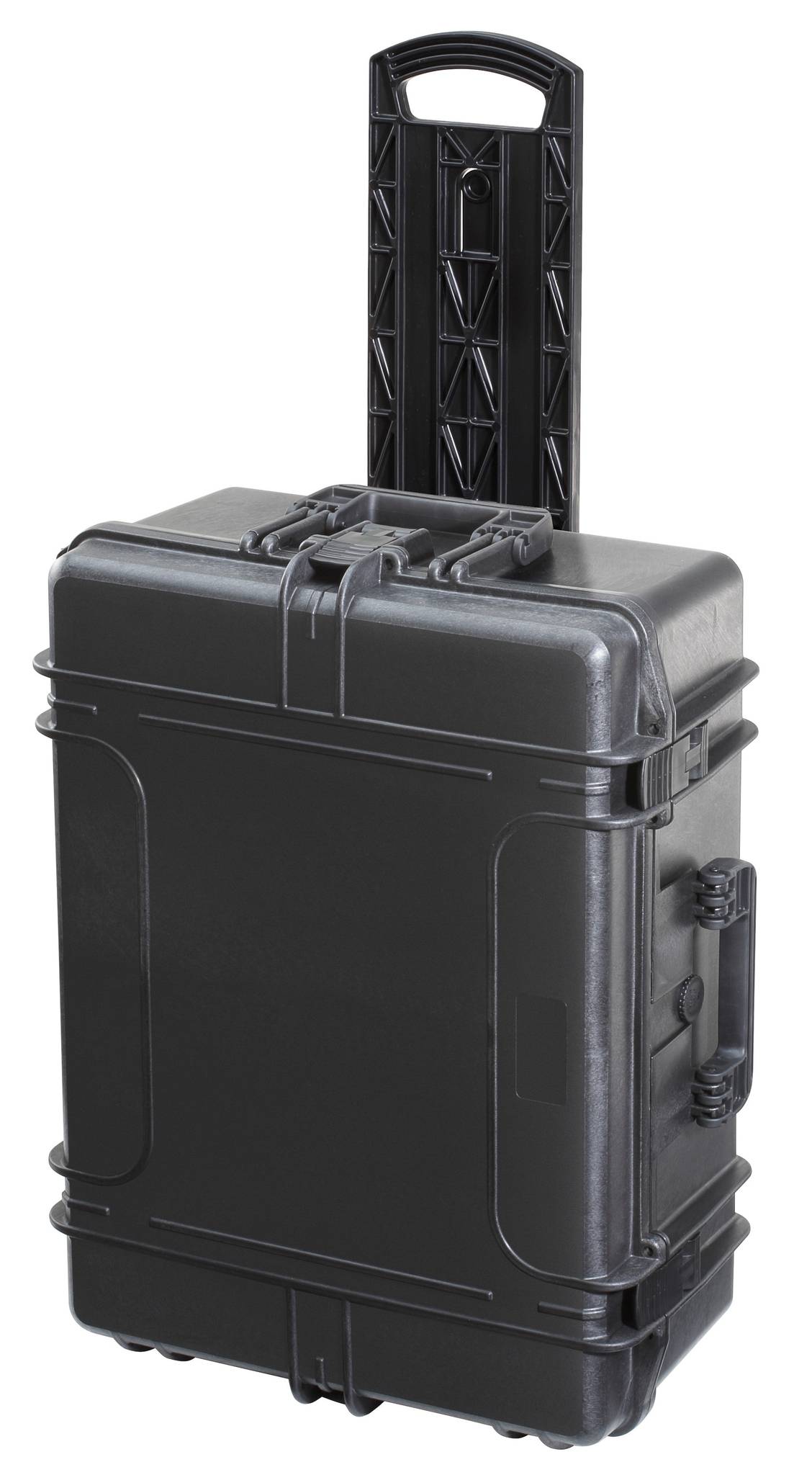 The MAX620H340TR With Wheels And Retractable Handle is a black hard-shell case featuring heavy-duty wheels and an extended retractable handle, shown standing upright against a white background.