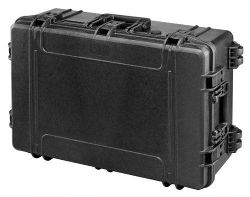 The MAX750H280, a black hard-shell protective case with reinforced corners, secure latches, carrying handle, and custom foam interior, is shown closed against a plain background.