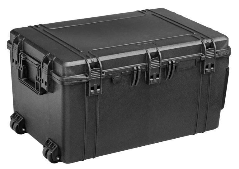 The MAX750H400 is a large, hard-shell black protective case with wheels, handles, secure front latches, reinforced corners, and a custom foam interior for enhanced protection.