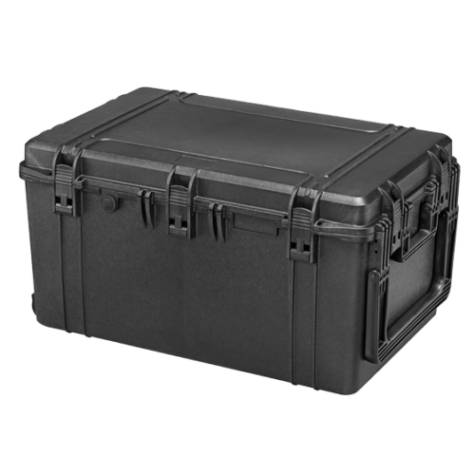 The MAX750H400 is a large black hard plastic watertight case featuring secure latches, side handles, and a pressure release valve, shown closed on a white background.