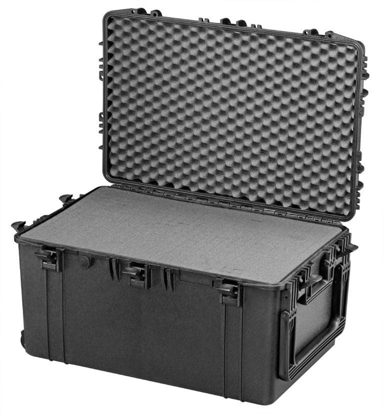 The MAX750H400 is a black, watertight hard-shell case with a foam-padded interior, featuring an open lid with egg-crate foam on top and flat foam on the bottom.