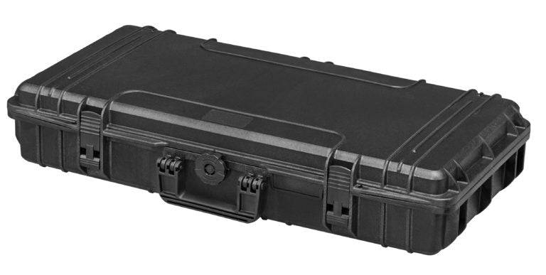 The MAX800 is a closed, rectangular black hard plastic watertight case with a central handle, secure latches, and an automatic pressure release valve, shown on a white background.