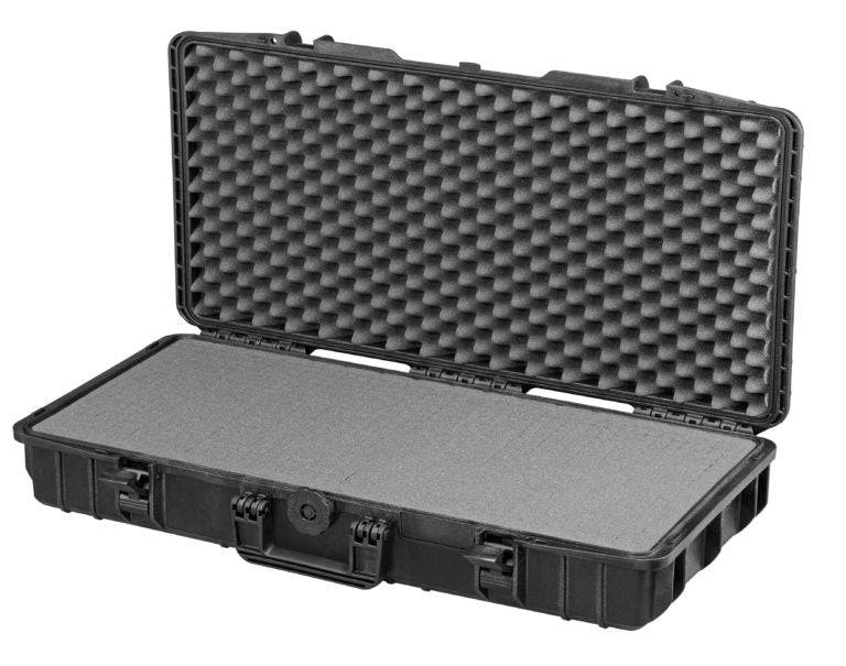 The MAX800 is a black hard plastic carrying case with an open lid and custom foam interior for protective storage, featuring an automatic pressure release valve for added security.