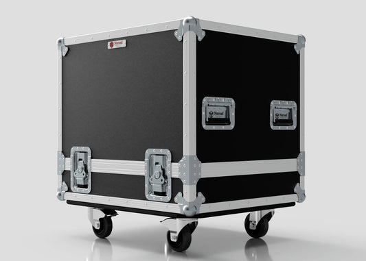 The Small Engine Case, in black and silver with metal corners and handles, sits on four caster wheels against a plain background, highlighting its sturdy build and external dimensions of 710 x 610 x 605 mm.