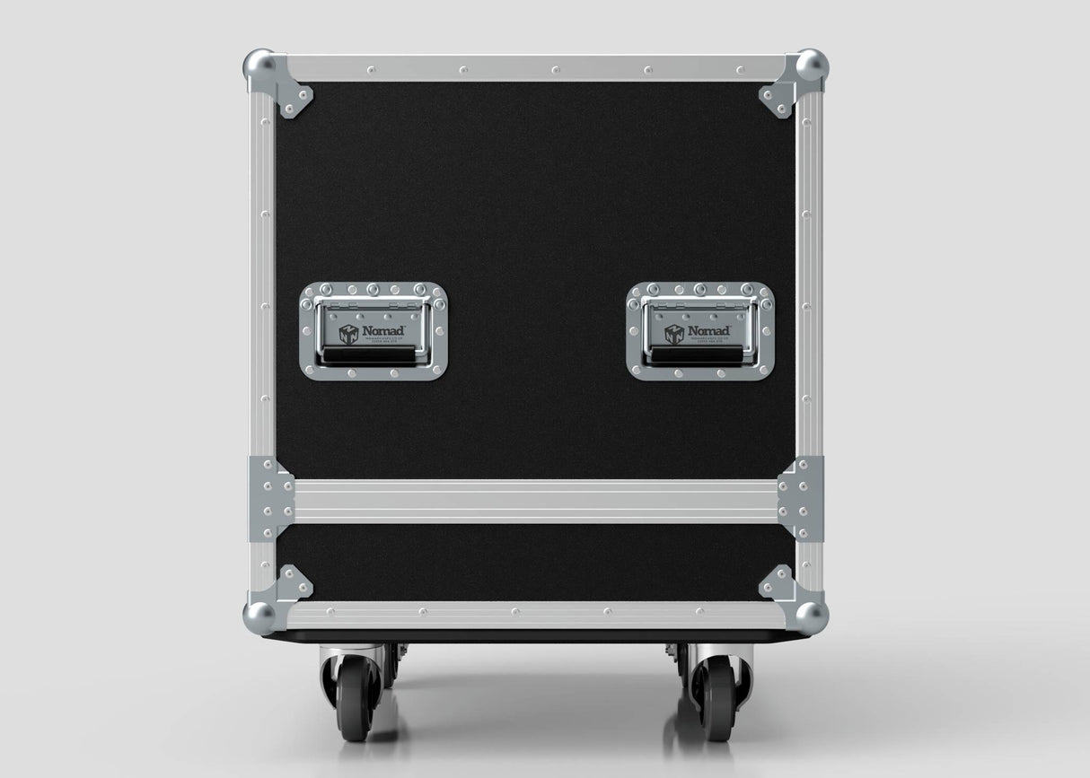 The Medium Motorsport Engine Flight Case (775 x 650 x 650 mm) is a black, rectangular case with metal reinforcements, two Nomad-branded handles, and four caster wheels, shown against a plain background.
