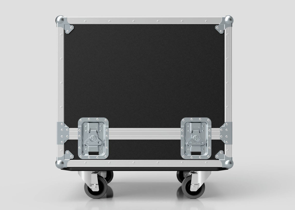 The Medium Motorsport Engine Flight Case (775 x 650 x 650 mm) in black and silver, featuring metal corners, latches, and wheels, is displayed against a plain light gray background.