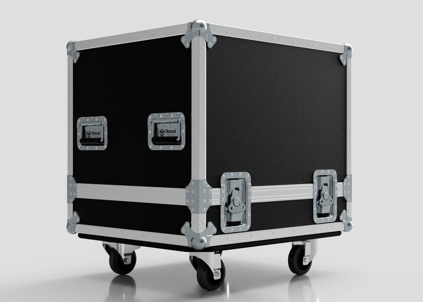 The Small Engine Case is a black road case with metal reinforcements, latches, and handles. It has four caster wheels, sits on a white background, and measures 710 x 610 x 605 mm externally.