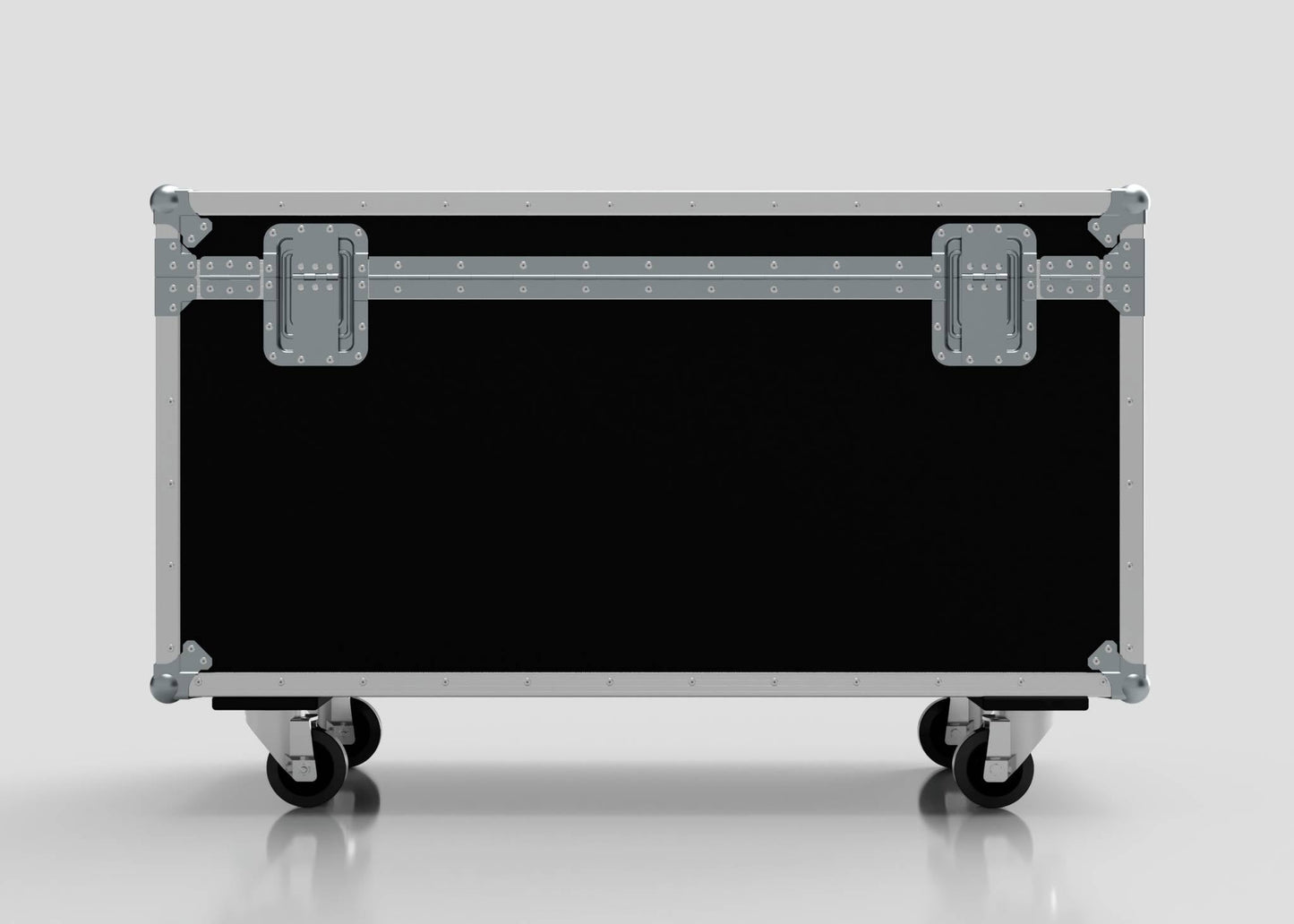 The Mic Stands Trunk Case, shown in black and silver with metal reinforcements and wheels, measures 1200mm and is ideal for transporting mic stands and other gear against a plain light background.