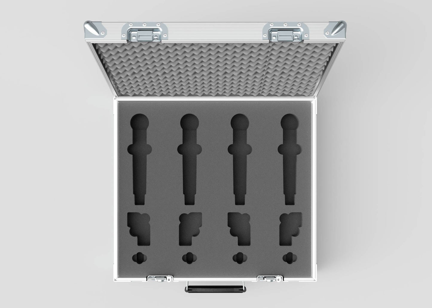 The Microphone Case is an open silver case with foam cutouts for four microphones and accessories, seen from above. External dimensions are 577 x 526 x 192 mm, providing secure organization and easy transport.