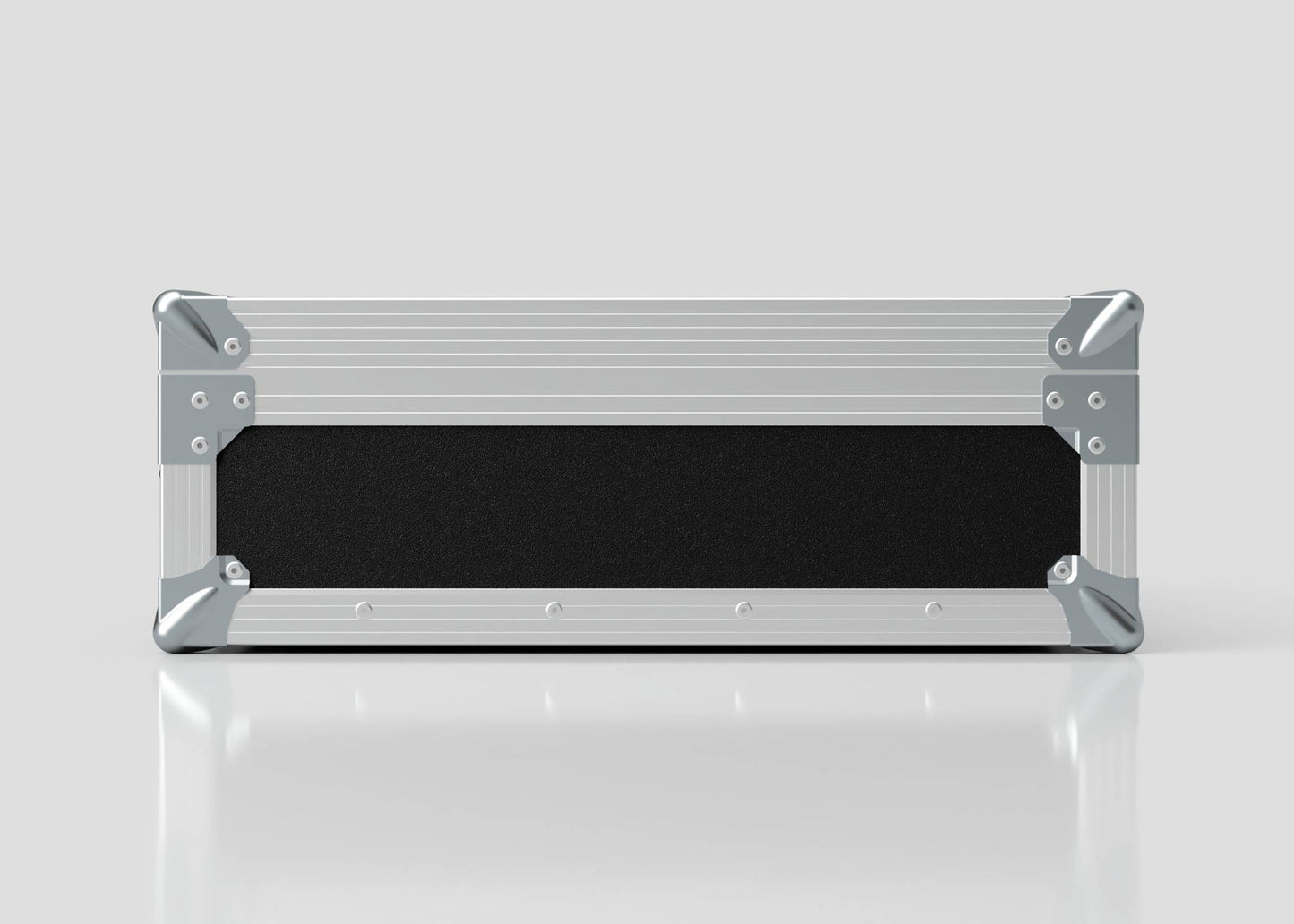 A sleek rectangular Microphone Case in metal and black, with reinforced silver corners and measuring 577 x 526 x 192 mm, is placed on a reflective white surface against a plain background.