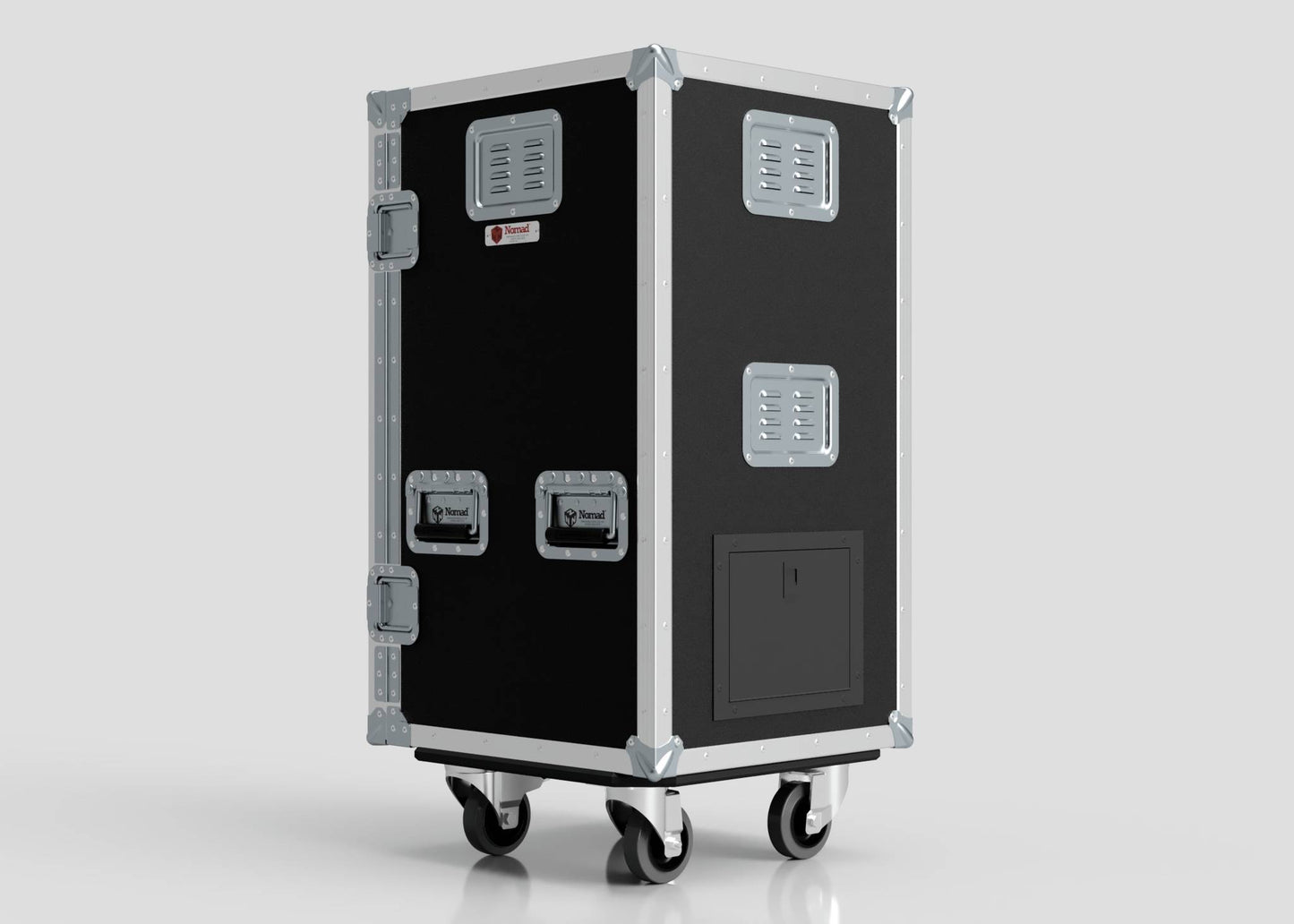 The Mini Fridge Case is a black rectangular equipment case with metal edges, vents, and handles on four caster wheels, measuring 485 x 541 x 1003 mm, shown against a plain background.