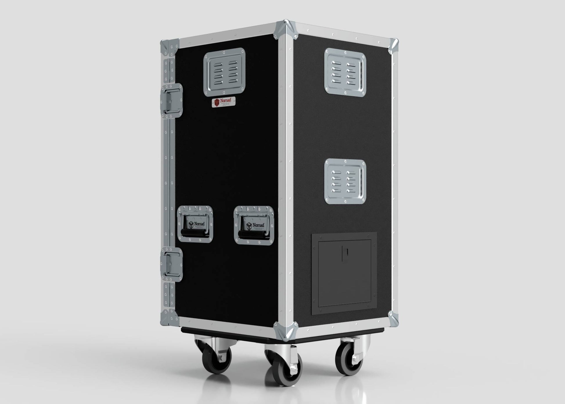 The Mini Fridge Case is a black rectangular equipment case with metal edges, vents, and handles on four caster wheels, measuring 485 x 541 x 1003 mm, shown against a plain background.