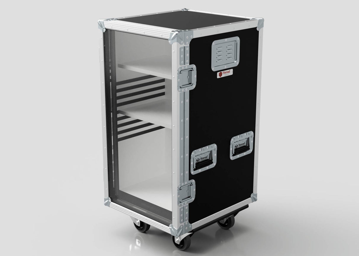 The Medium Fridge Case is a black wheeled equipment case with metal edges and handles, a transparent front door, two interior shelves, and external dimensions of 485 x 541 x 1003 mm.