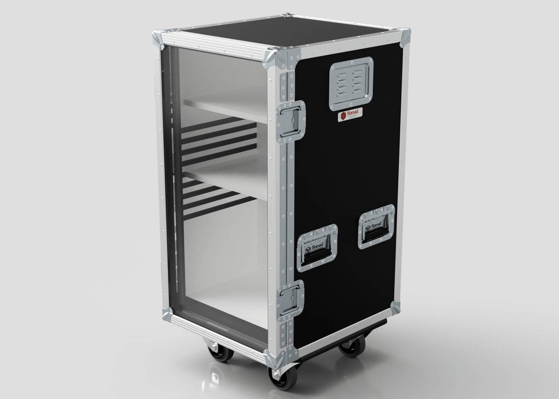 The Mini Fridge Case is black and silver with metal corners, two side handles, a front transparent door, two interior shelves, and external dimensions of 485 x 541 x 1003 mm.