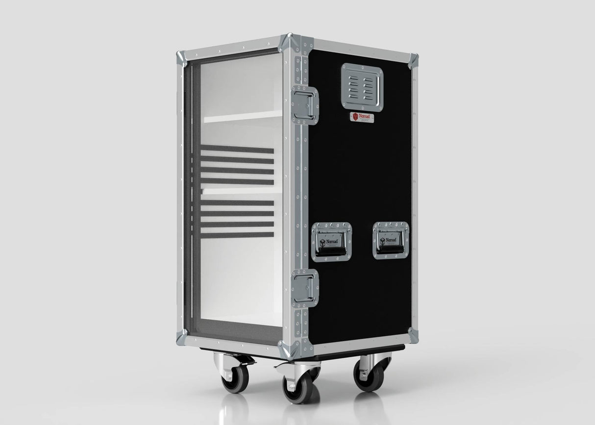 The Medium Fridge Case is a black and silver rolling storage case with glass front, metal corners, handles, and vents. Its external dimensions are 485 x 541 x 1003 mm and it stands on four caster wheels against a plain background.