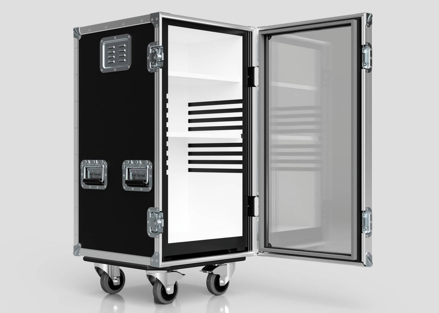 The Mini Fridge Case is shown open, featuring a black exterior with metal edges and handles, wheels, an empty interior with horizontal shelves, a transparent door, and external dimensions of 485 x 541 x 1003 mm.