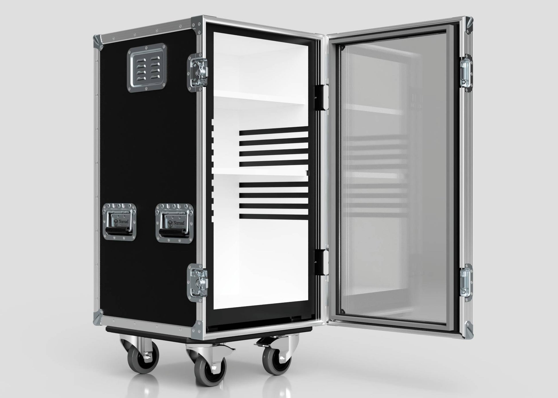 The Mini Fridge Case is shown open, featuring a black exterior with metal edges and handles, wheels, an empty interior with horizontal shelves, a transparent door, and external dimensions of 485 x 541 x 1003 mm.