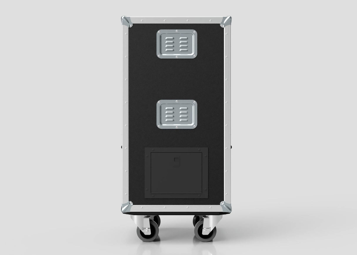 The Medium Fridge Case is a black wheeled equipment case with metal corner protectors, two vented panels, a rectangular access panel, and external dimensions of 485 x 541 x 1003 mm, displayed against a plain light background.