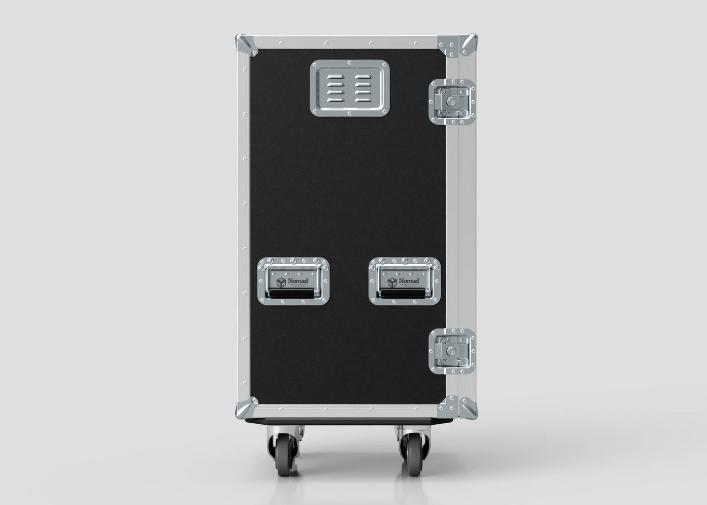 The Mini Fridge Case is a black and silver flight case with metal edges, two handles, a vent, reinforced corners, and four caster wheels. Its external dimensions are 485 x 541 x 1003 mm.