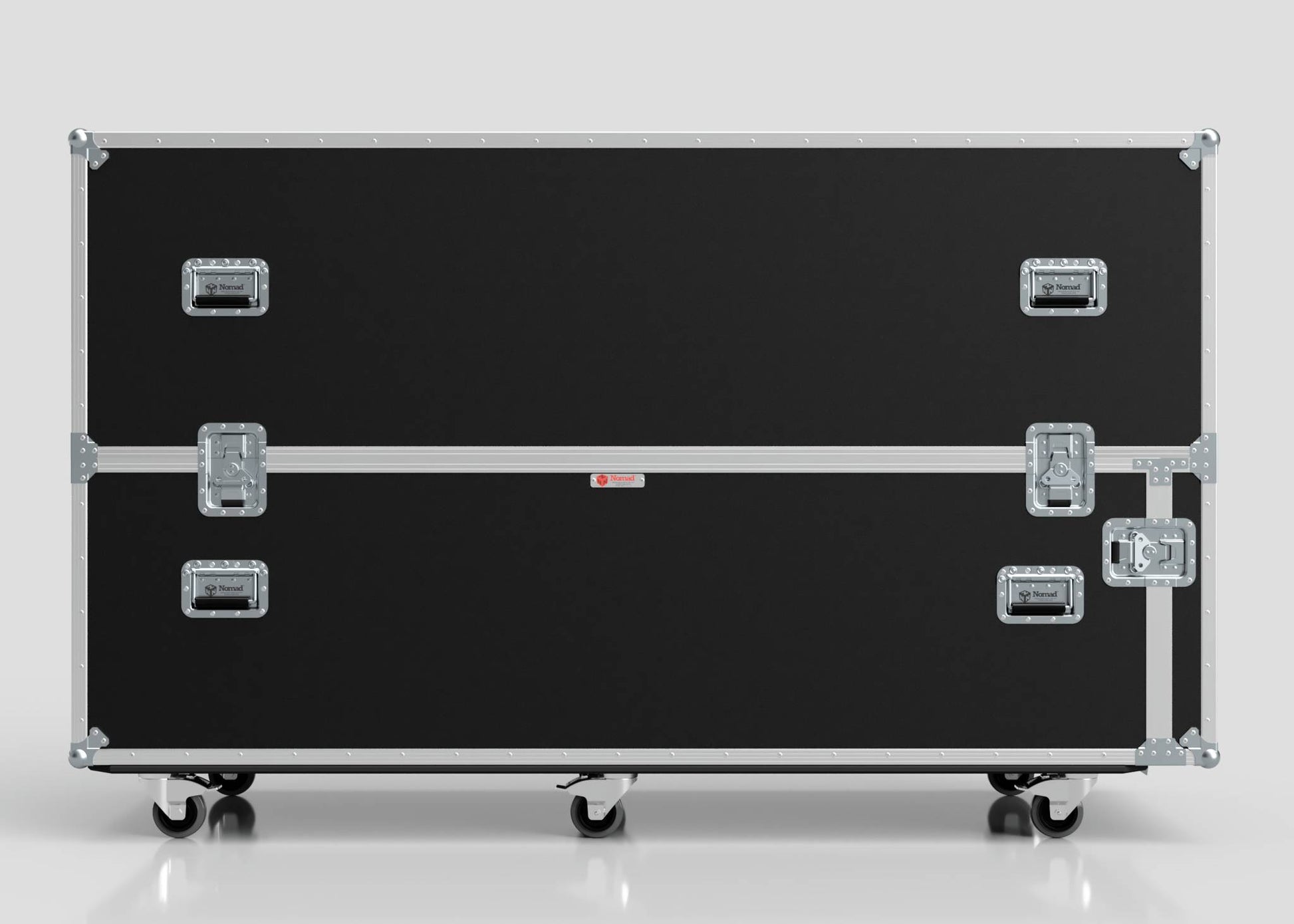 A Motorbike Case in large black rectangular form (2100 x 750 x 1150 mm), with metal edges, handles, latches, and four caster wheels, is shown against a plain light background.