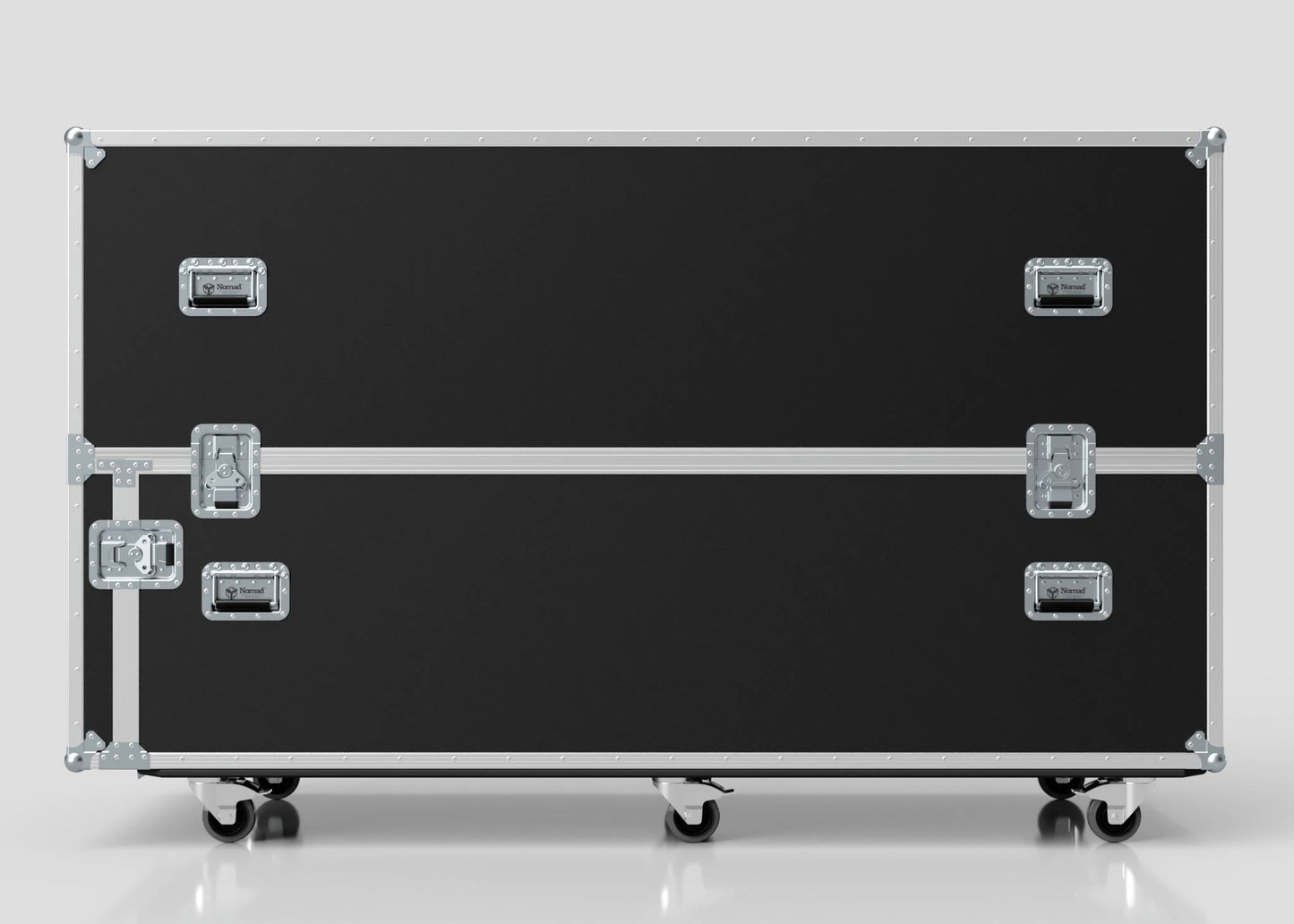The Motorbike Case is a large black equipment case with metal edges, handles, and latches, mounted on four caster wheels. It stands against a plain light background and measures 2100 x 750 x 1150 mm externally.