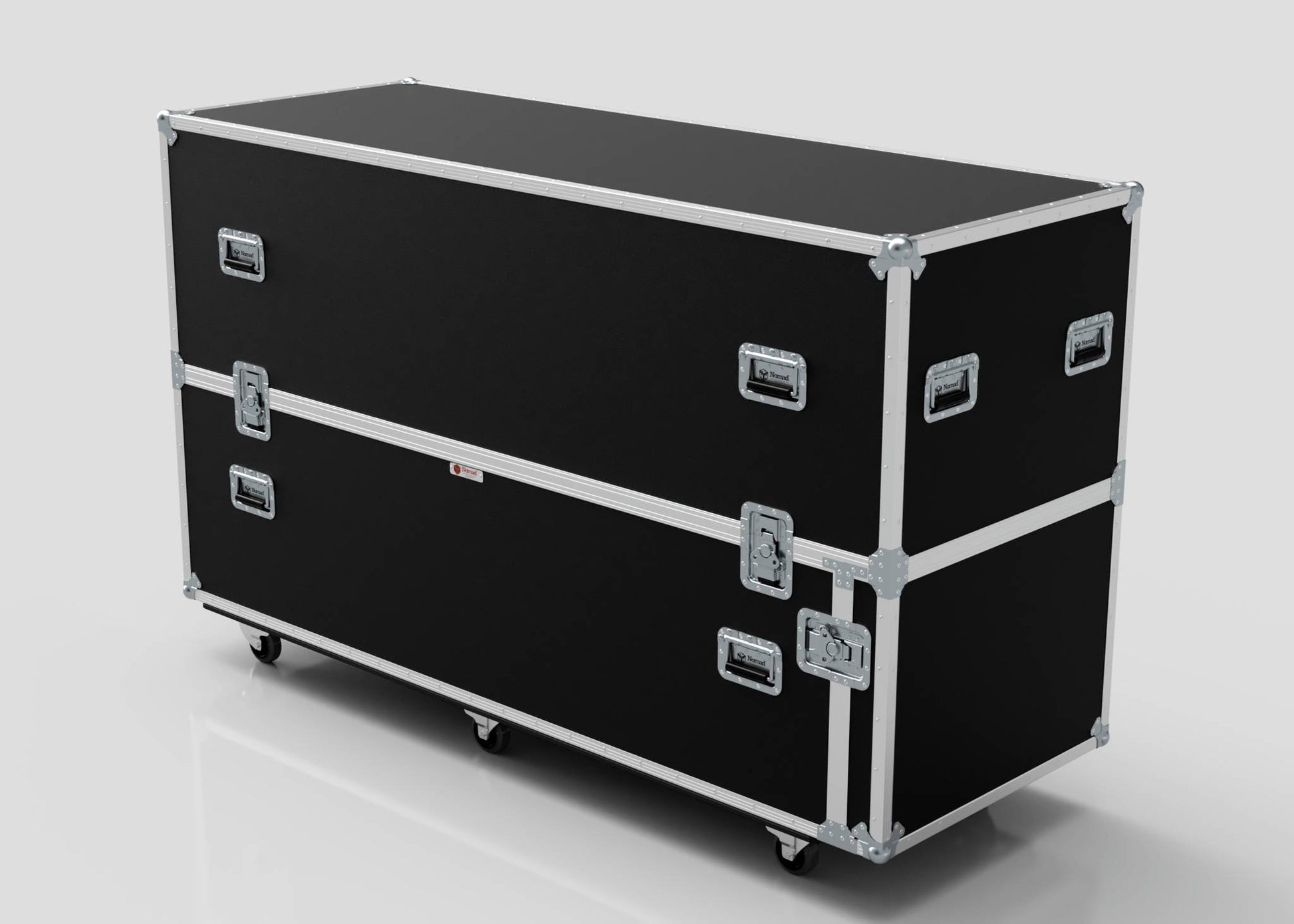 The Motorbike Case is a large black rectangular equipment case with metal edges, handles, latches, and wheels, set against a plain light background. Its external dimensions are 2100 x 750 x 1150 mm.
