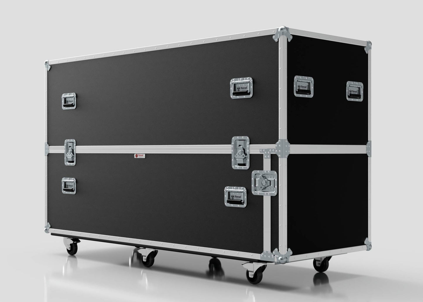 The Motorbike Case is a large black equipment case with silver edges, handles, and latches on four caster wheels. Measuring 2100 x 750 x 1150 mm, it's perfect for securely transporting larger items like motorbikes.