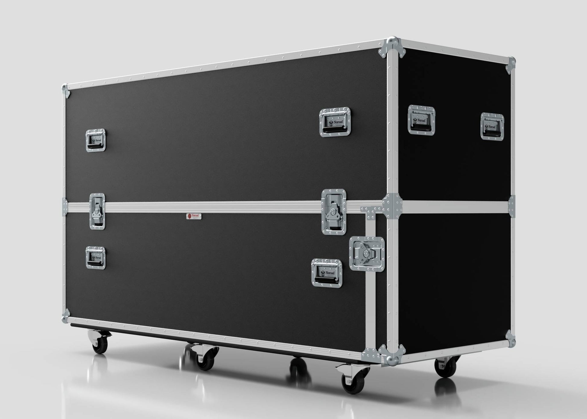 The Motorbike Case is a large black equipment case with silver edges, handles, and latches on four caster wheels. Measuring 2100 x 750 x 1150 mm, it's perfect for securely transporting larger items like motorbikes.