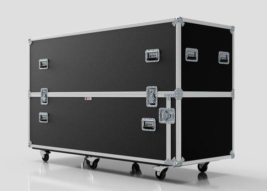 The Motorbike Case is a large black equipment case with silver edges, handles, and latches on four caster wheels. Measuring 2100 x 750 x 1150 mm, it's perfect for securely transporting larger items like motorbikes.