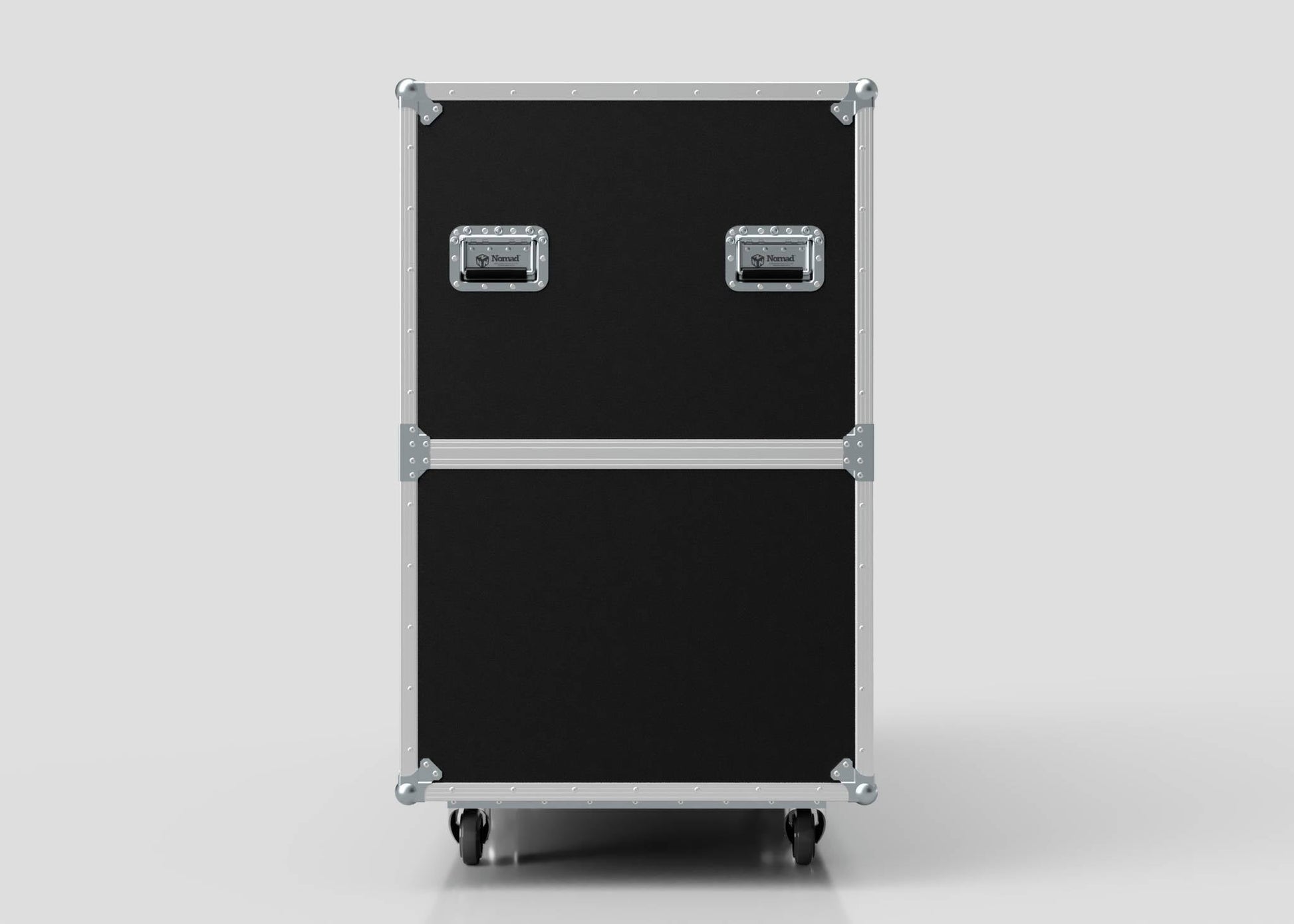 The Motorbike Case, a black rectangular equipment case with metal edges, corner reinforcements, two handles, and four caster wheels, stands upright against a plain background; its external dimensions are 2100 x 750 x 1150 mm.