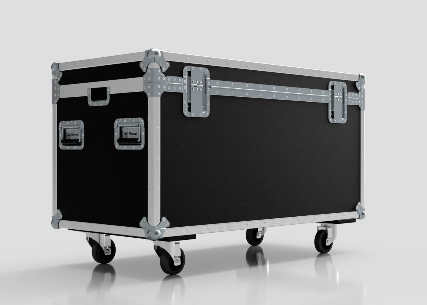 The Multicore Trunk Case is a large black rolling flight case with silver metal reinforcements and handles on caster wheels—ideal for securely organizing and transporting your gear as an external storage box.