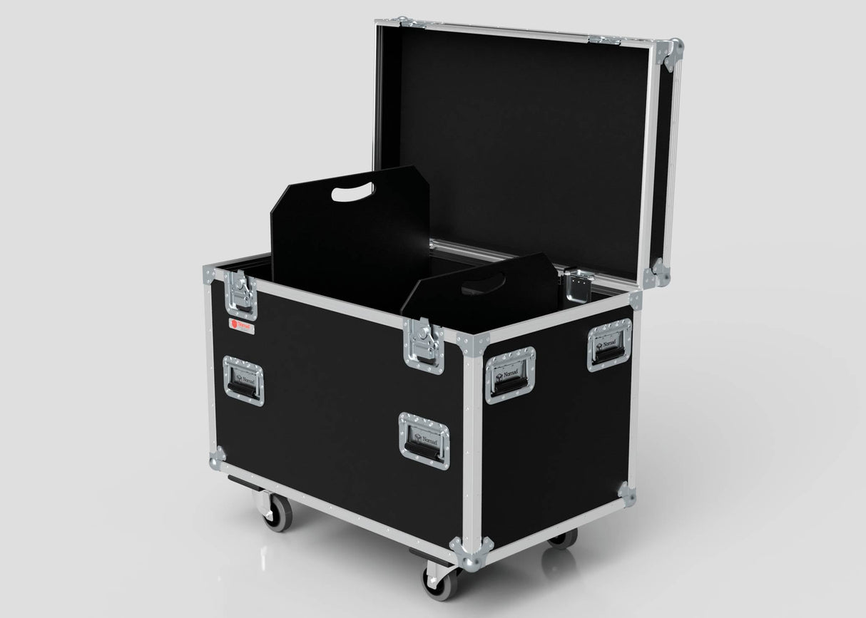 The MUT Trunk Case is a black, wheeled multi-utility trunk with metal reinforcements and handles, featuring an open design that showcases a trunk pack-compatible variable divider system inside.