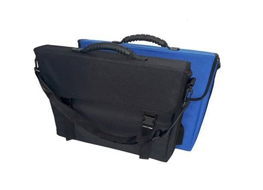 Two Padded Bag Portfolio cases, one black and one blue, with handles and removable shoulder straps, stand upright side by side against a white background.