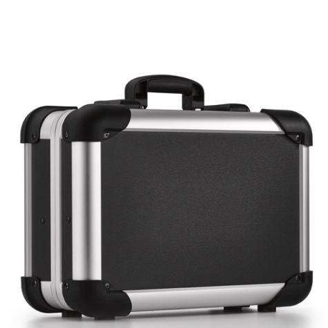 The Robust 50100N is a black and silver briefcase with reinforced corners, a black handle, and custom CNC foam fittings for extra protection, displayed elegantly on a white background.