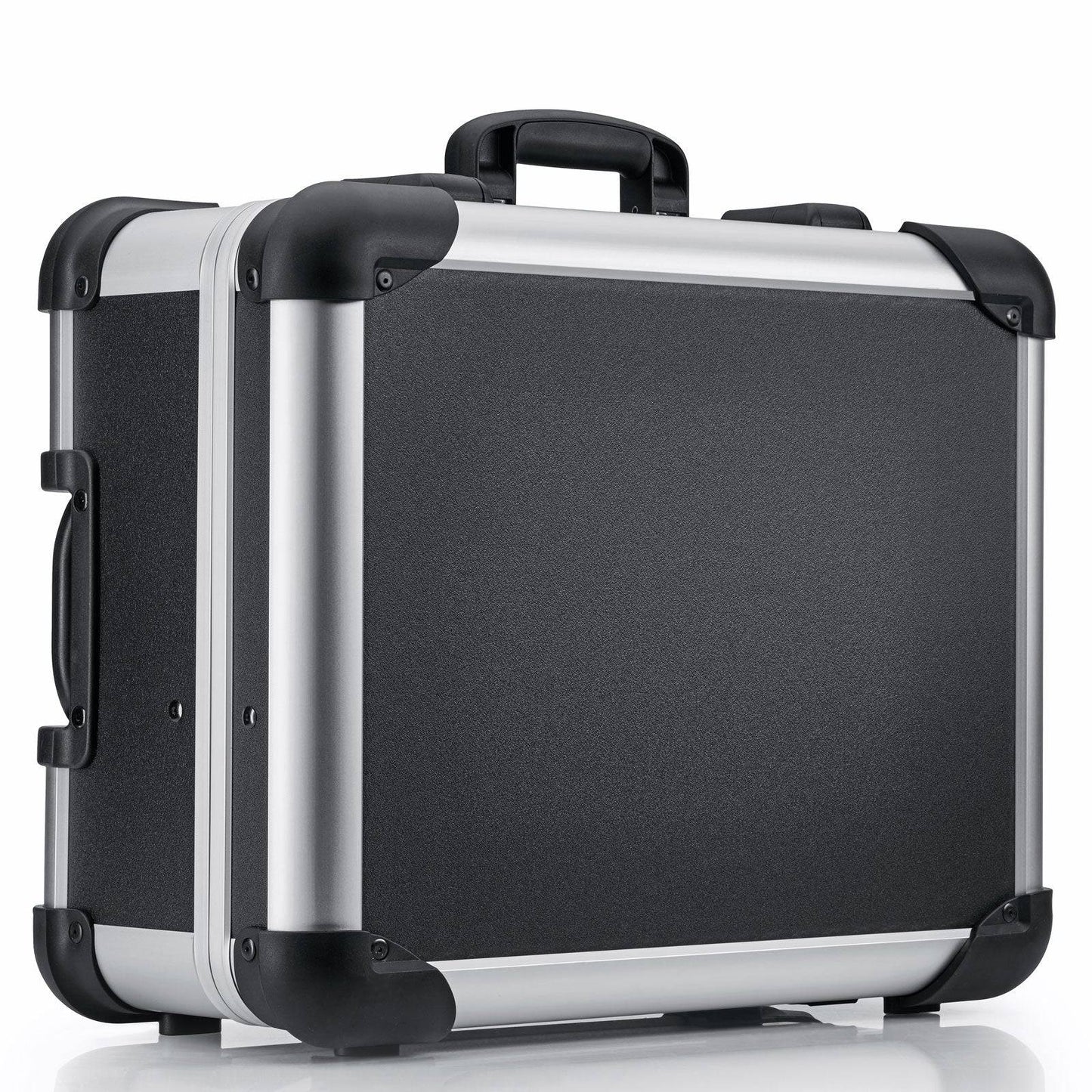 The Robust 50200N case (555 x 425 x 235) in black and silver, with reinforced corners, carrying handle, and custom foam fittings, stands upright against a white background.