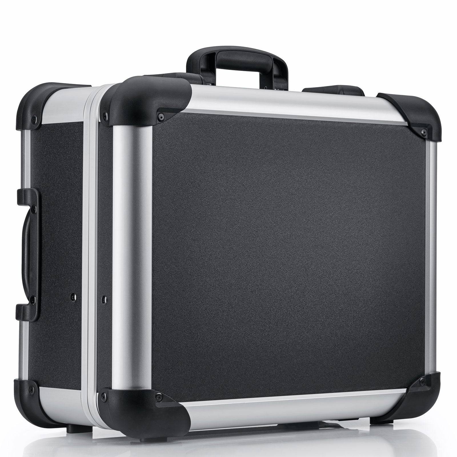 The Robust 50200N case (555 x 425 x 235) in black and silver, with reinforced corners, carrying handle, and custom foam fittings, stands upright against a white background.