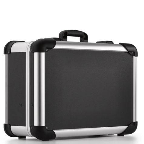 The Robust 50500N, in black and silver, is a hard-sided briefcase with protective corner reinforcements, a top handle, and custom CNC foam fittings, shown on a white background.