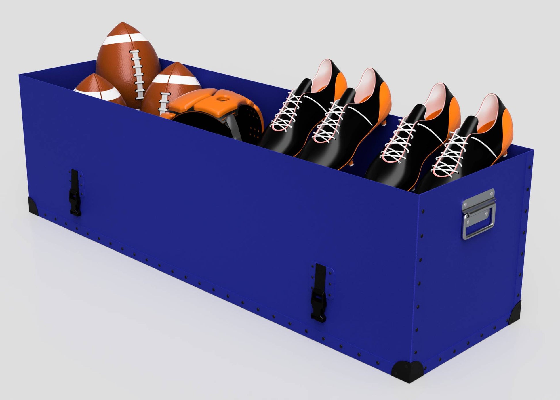 The Rugby Storage Poly Case (Large) in blue stores three footballs, three pairs of black and orange cleats, and an orange helmet—ideal for protecting your rugby gear.