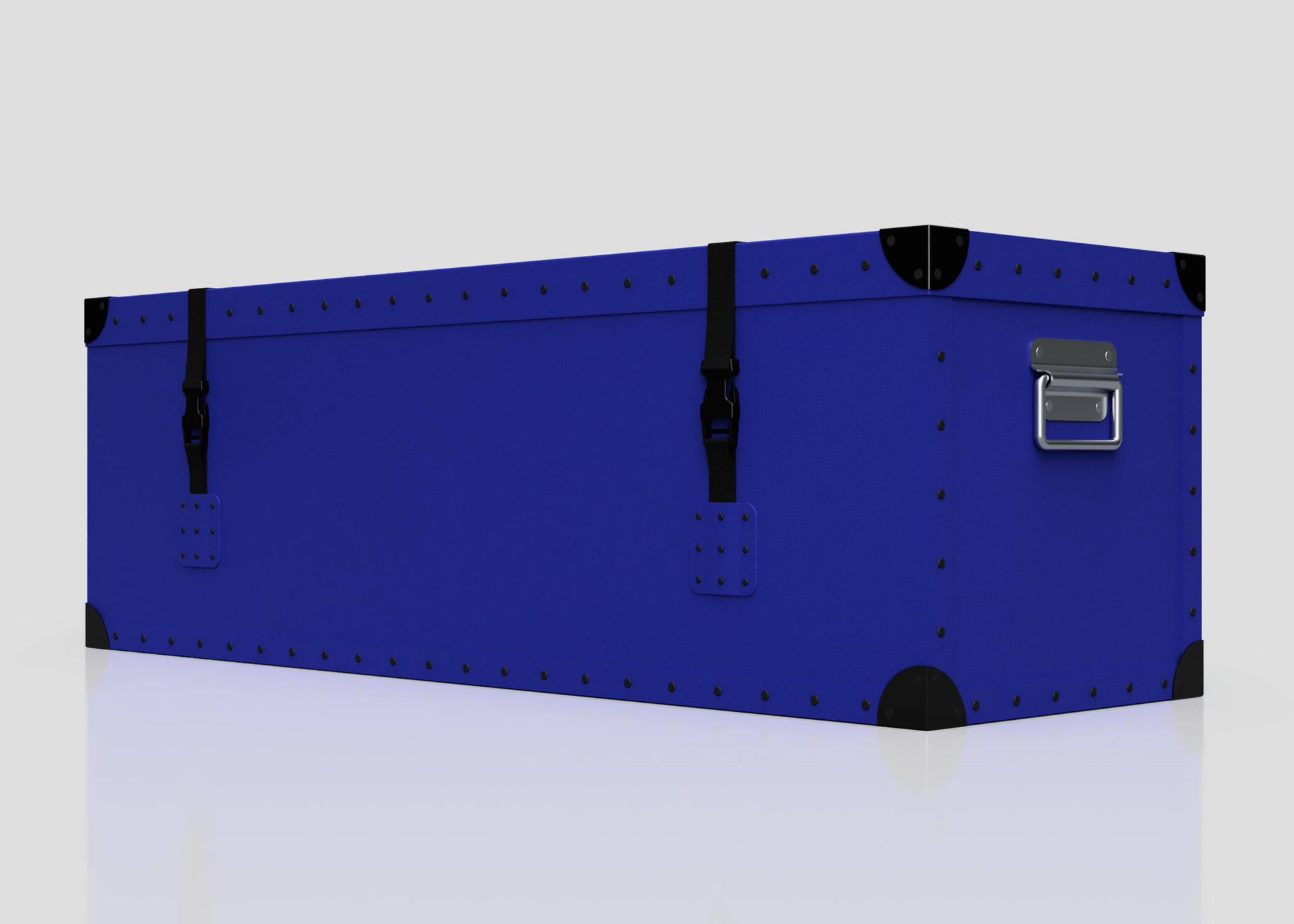 The Rugby Storage Poly Case (Medium) is a blue rectangular polyethylene box with black corner protectors, black straps with a side release buckle, metal rivets, and a zinc drop handle, shown against a white background.