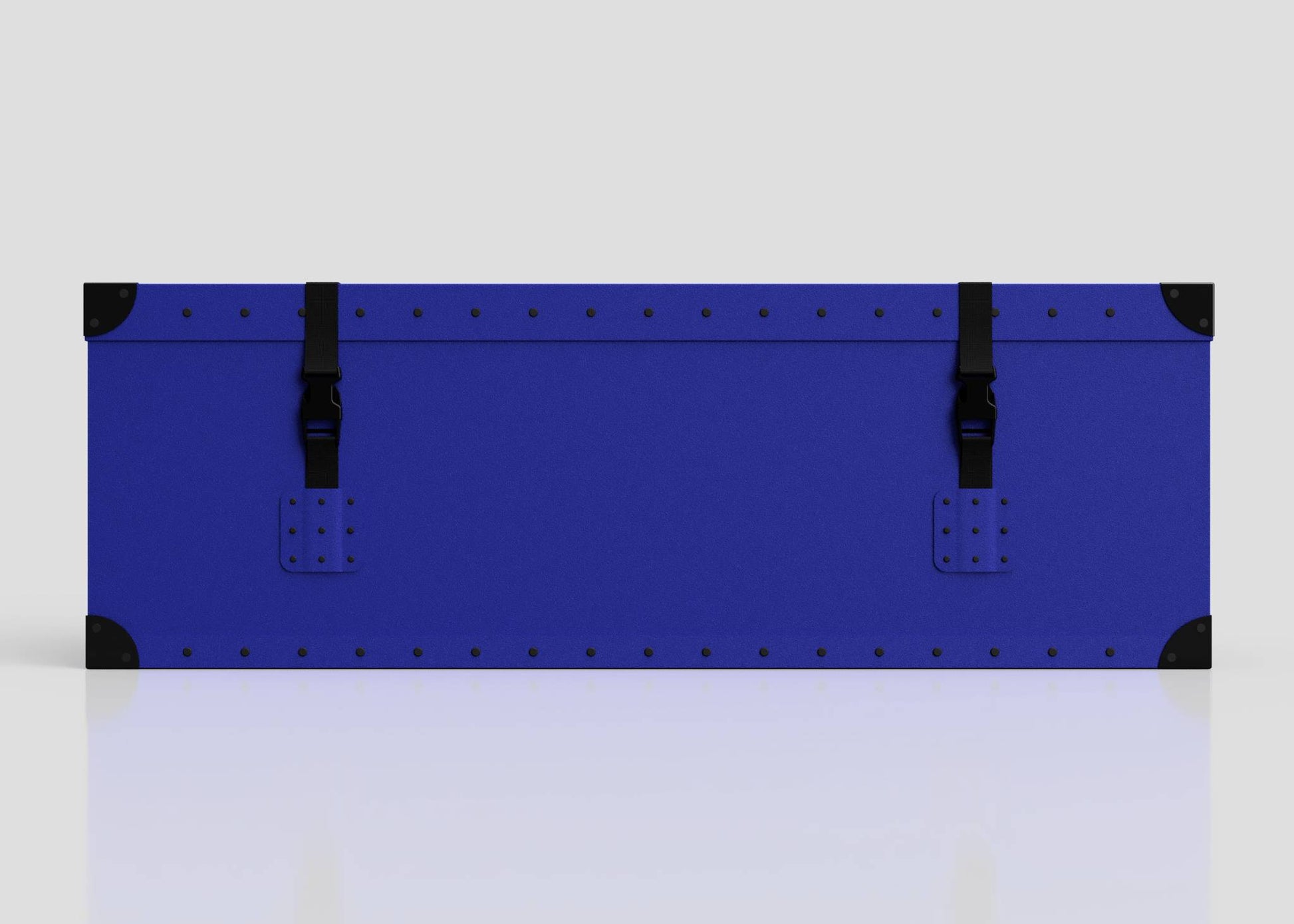 The Rugby Storage Poly Case (Small) is a blue, rectangular polyethylene box with black corner protectors, two black front buckle straps, and a sturdy zinc drop handle, shown against a plain light background.