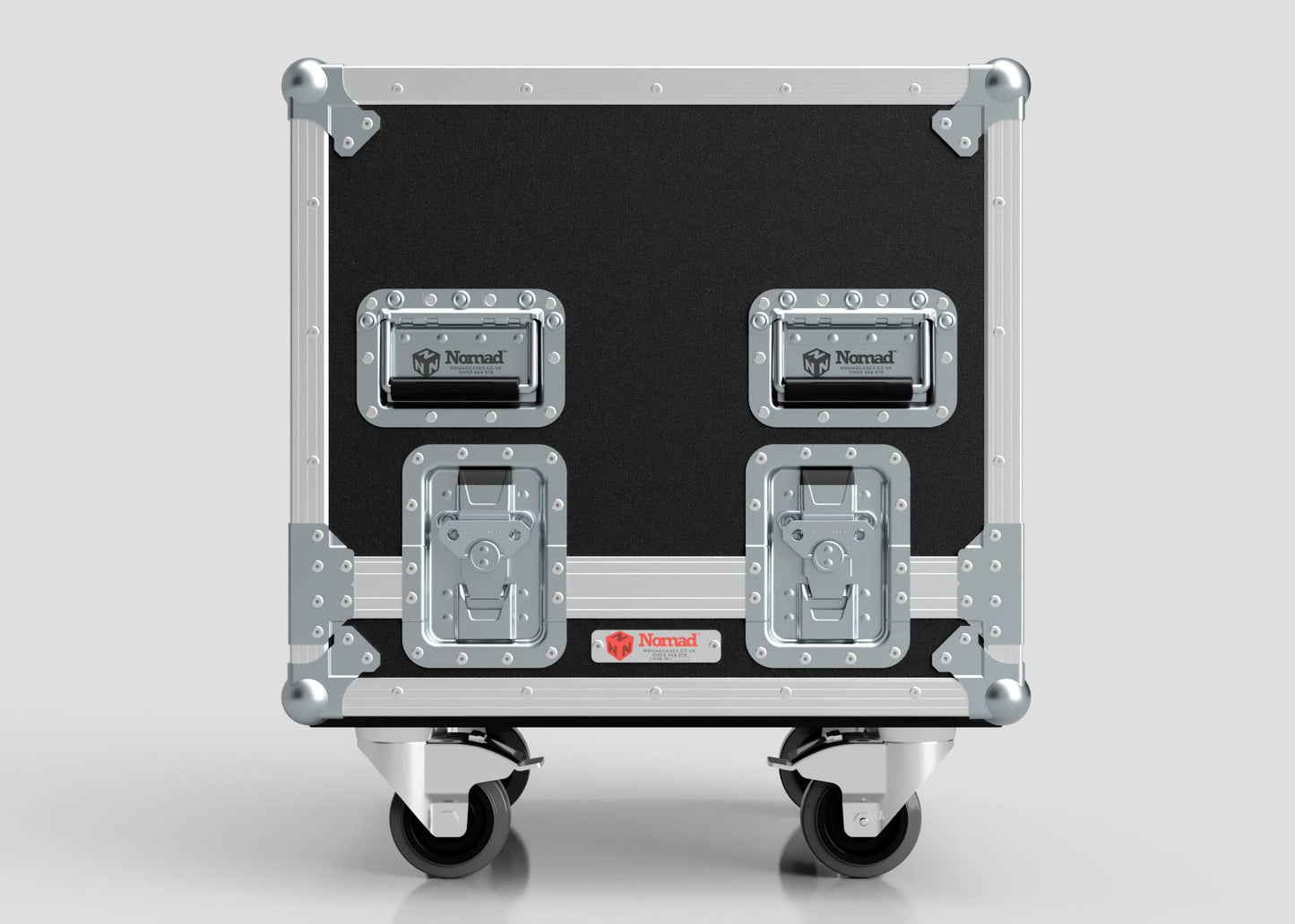 A Sennheiser Radio Mic System Rack Sleeve With Case in black and silver, featuring metal corners, latches, Nomad-labeled handles, a red front logo, and external dimensions of 580 x 618 x 639 mm.