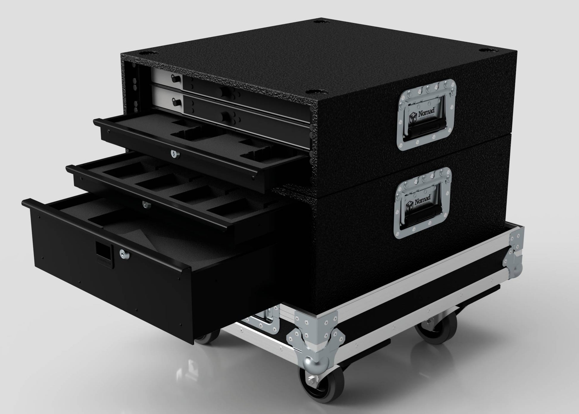 The Sennheiser Radio Mic System Rack Sleeve With Case features two stacked sections, each with a handle and multiple sliding drawers. External dimensions are 580 x 618 x 639 mm, ideal for organized storage. Displayed against a plain background.