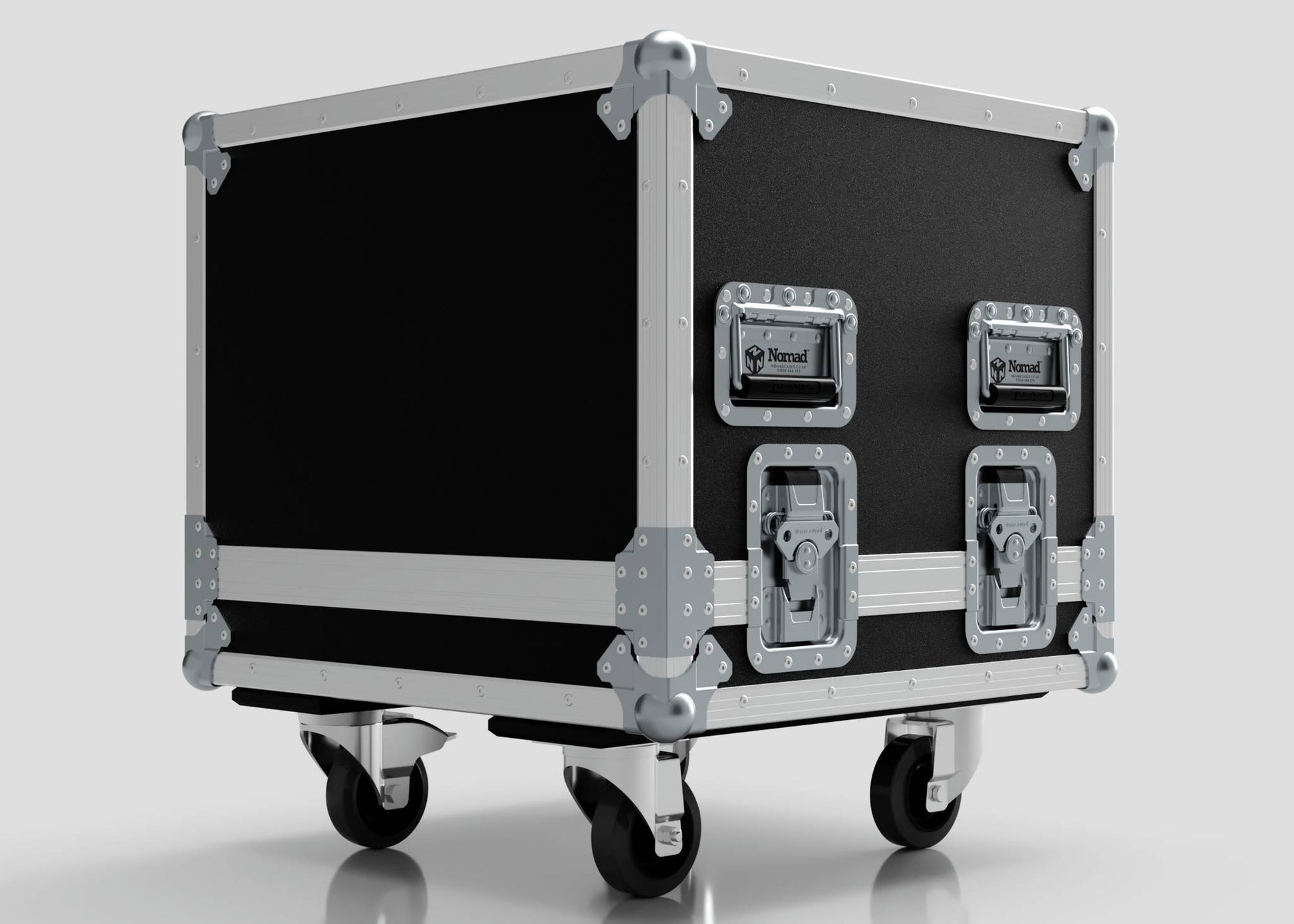 The Sennheiser Radio Mic System Rack Sleeve With Case is shown on a plain background. It features metal edges, corner protectors, handles, latches, caster wheels, and has external dimensions of 580 x 618 x 639 mm.