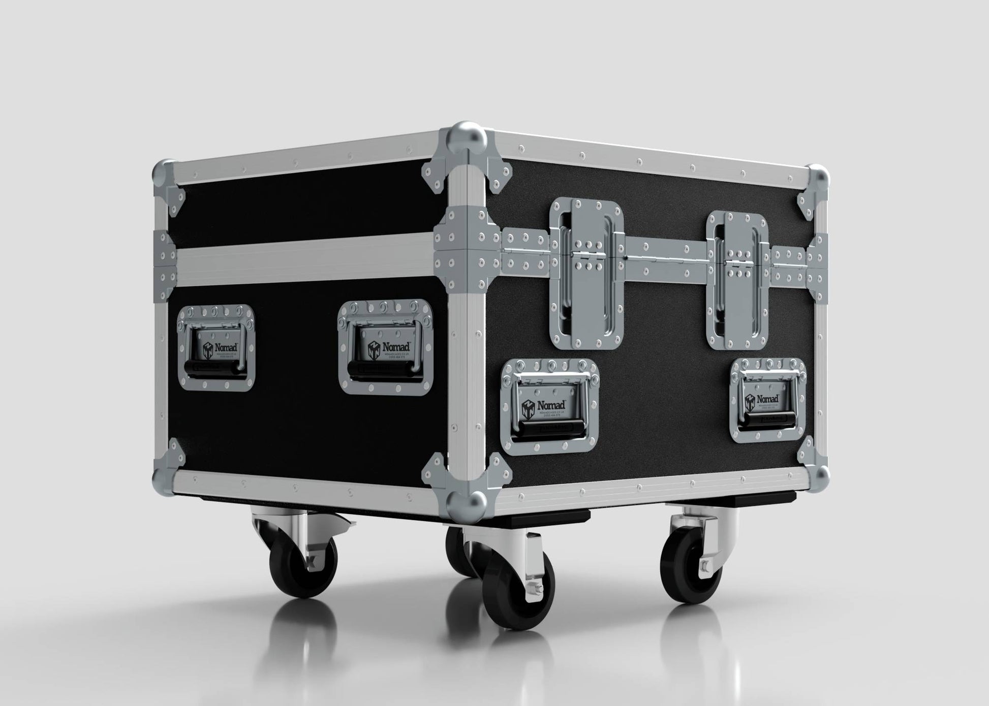 Single 1 Ton EXE Motor Chain Hoist Case, black and silver with metal reinforcements and four caster wheels, for equipment transport. External dimensions: 696 x 607 x 580 mm. Shown on a plain white background.