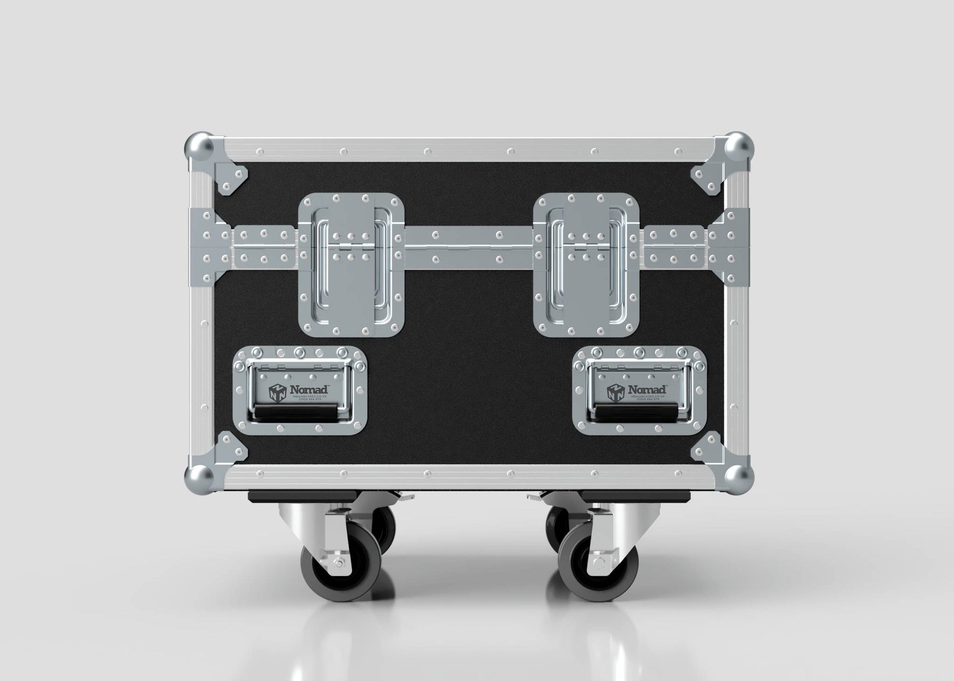 A Single 1 Ton EXE Motor Chain Hoist Case in black and silver metal with riveted edges, two large latches, and four caster wheels, shown on a plain light background. External dimensions: 696 x 607 x 580 mm.