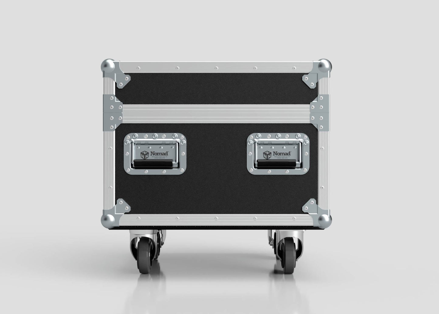 The Single 1 Ton EXE Motor Chain Hoist Case is a black and silver hard case with metal edges, two Nomad handles, and four caster wheels. Shown on a plain gray background. External dimensions: 696 x 607 x 580 mm.