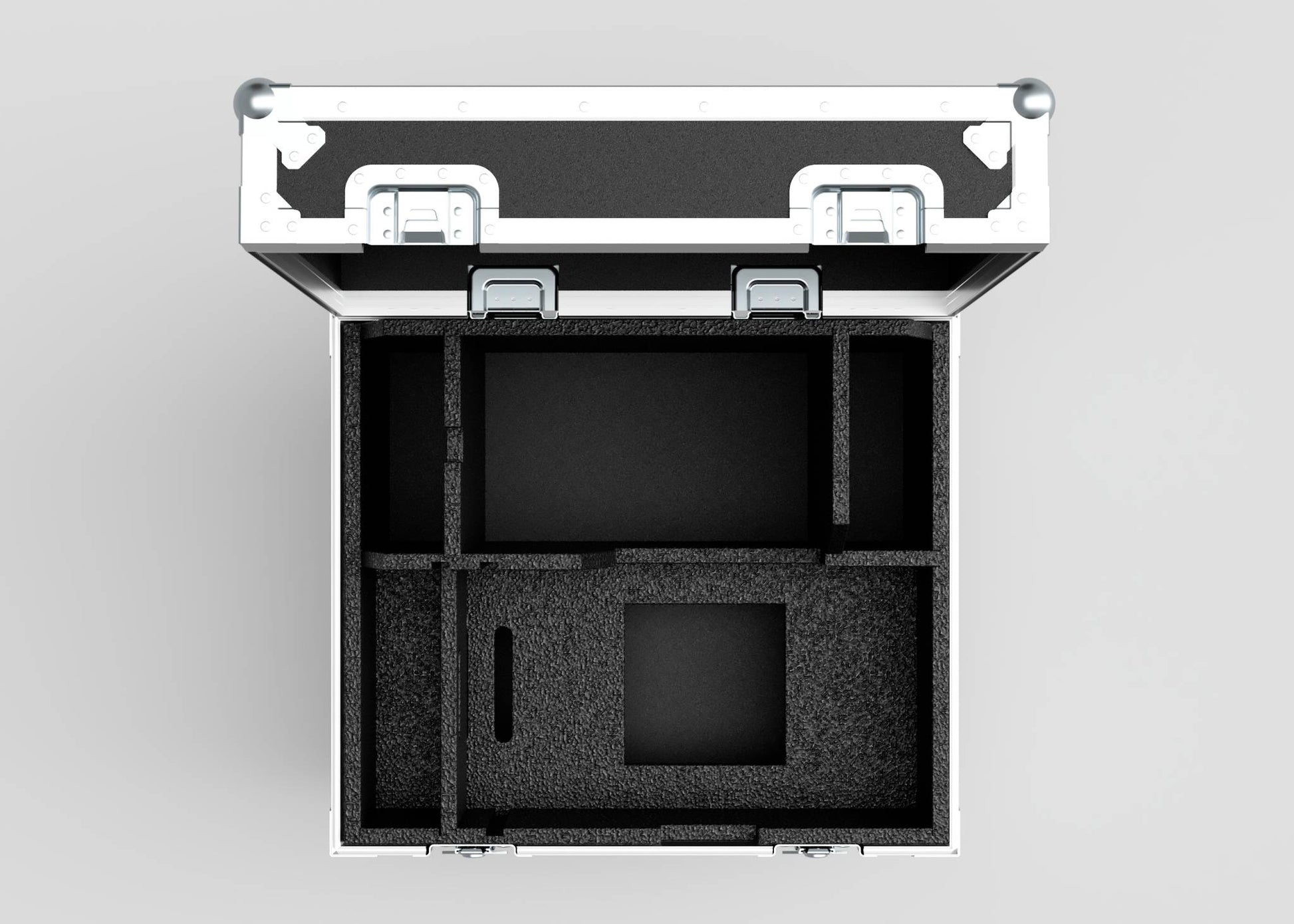 Top view of an open, empty Single 1 Ton EXE Motor Chain Hoist Case with custom foam inserts and compartments; external dimensions: 696 x 607 x 580 mm.