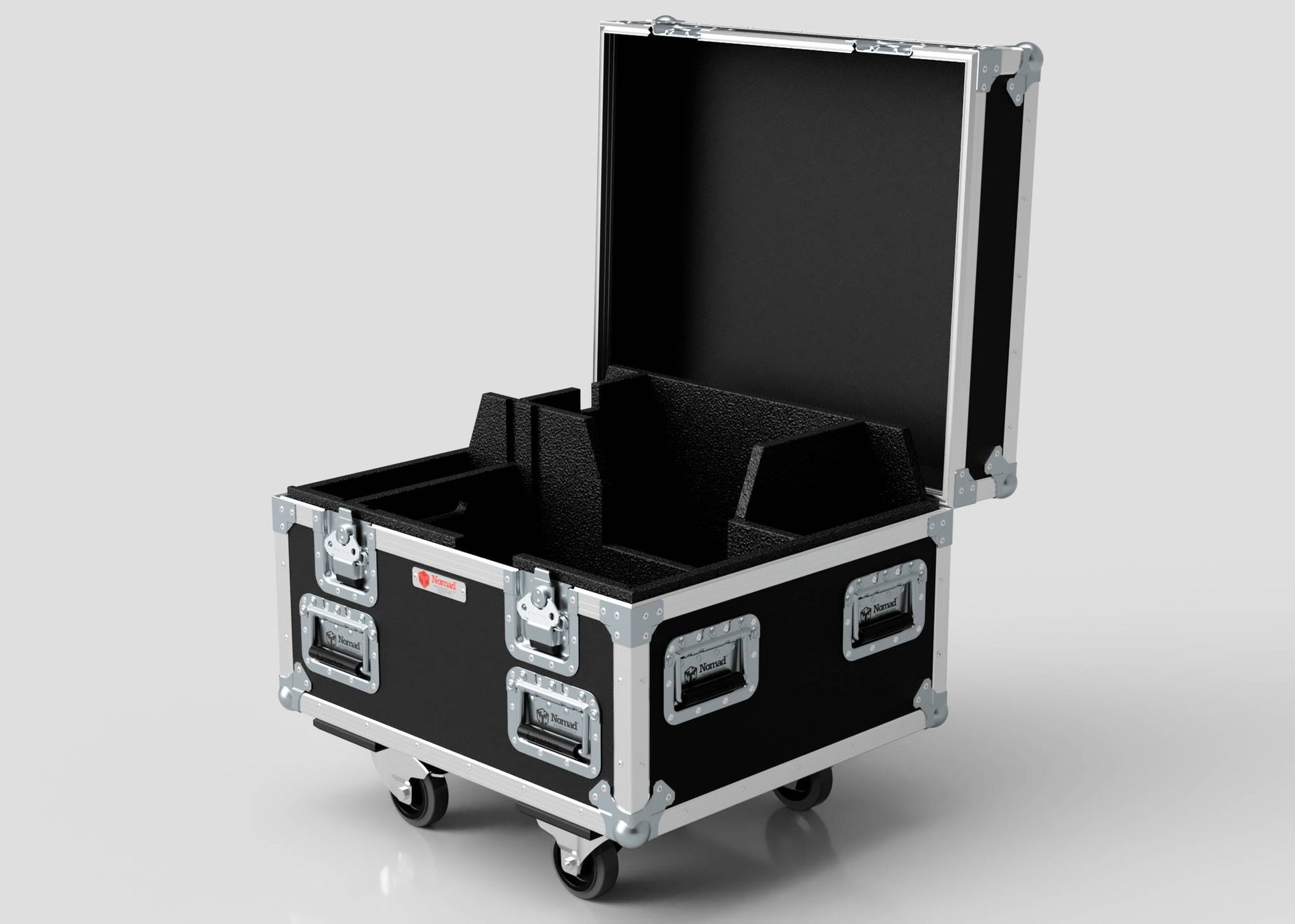 The Single 1 Ton EXE Motor Chain Hoist Case is a black, foam-lined equipment case with metal edges and hardware, open on four caster wheels against a plain background, with external dimensions of 696 x 607 x 580 mm.
