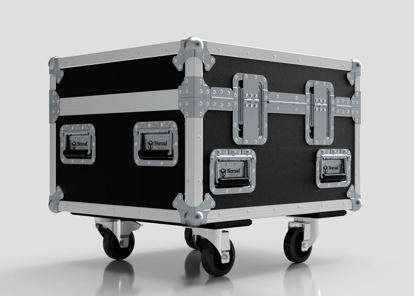 The Single Chainmaster 1 Ton Chain Hoist Case is a black and silver hard case with metal reinforcements, side handles, four caster wheels, and external dimensions of 684 x 597 x 575 mm, designed for transporting equipment.