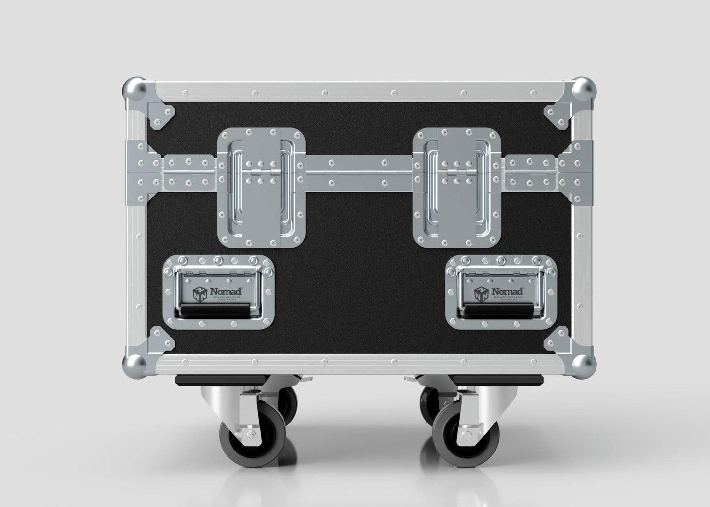 The Single Chainmaster 1 Ton Chain Hoist Case, in black and silver with metal reinforcements, two latches, and four caster wheels, is shown against a plain light background. External dimensions: 684 x 597 x 575 mm.